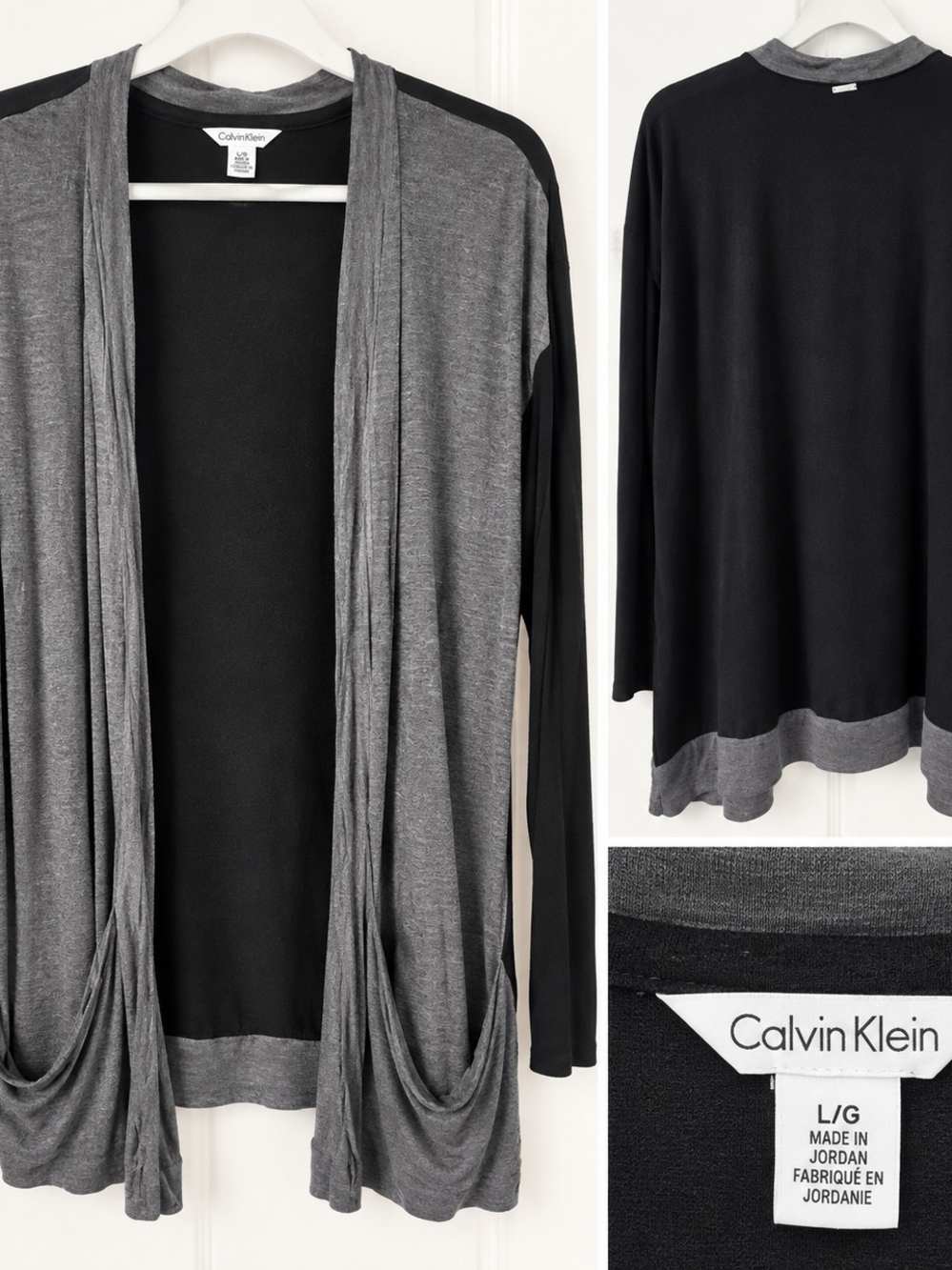 Calvin Klein Gray and Black Lightweight Open-Front Draped Cardigan